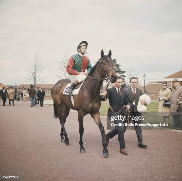 English jockey Lester Piggott pictured on the racehorse Princess Bonita prior to racing at a horse race meeting at a racecourse in England in 1972.