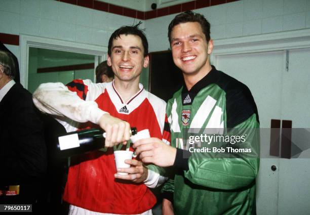 European Cup Winners Cup Semi-Final 2nd Leg, Arsenal 1, v Paris St, Germain 0, Arsenal's l-r, Alan Smith and Alan Miller celebrating in the dressing...