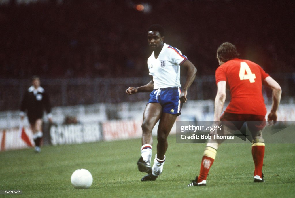 BT Sport, Football, pic: 23rd May 1979, British Championship at Wembley, England 0, v Wales 0, England's Laurie Cunningham opposed by Welshman John Mahoney, Laurie Cunningham was sadly killed in a car crash in 1989