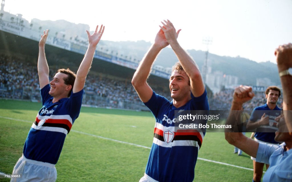 Sport, Football, Italian League, Serie A, 12th September 1982, Sampdoria 1 v Juventus 0, Sampdoria's new signings Liam Brady (left) and Trevor Francis celebrate at the end of the match