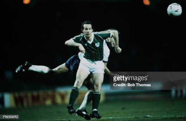 Sport, Football, Friendly International, Wembley, 26th March 1985, England 2 v Republic of Ireland 1, Ireland's Liam Brady is challenged by England's...