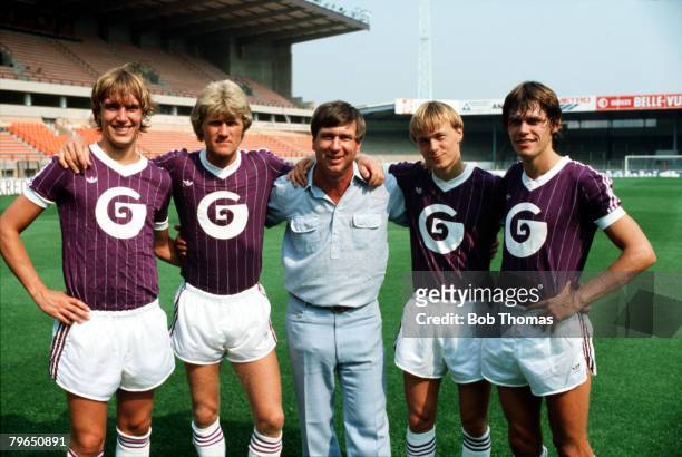 Sport, Football, Belgium, Circa 1980's, Denmark Manager Sepp Piontek is pictured with four of his International players who all play for Belgian club...