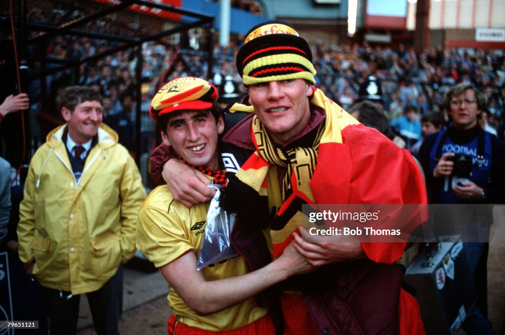 Sport, Football, FA Cup Semi-Final, Villa Park, 14th April 1984, Watford 1 v Plymouth Argyle 0, Watford's Nigel Callaghan (left) and Steve Terry celebrate after the match