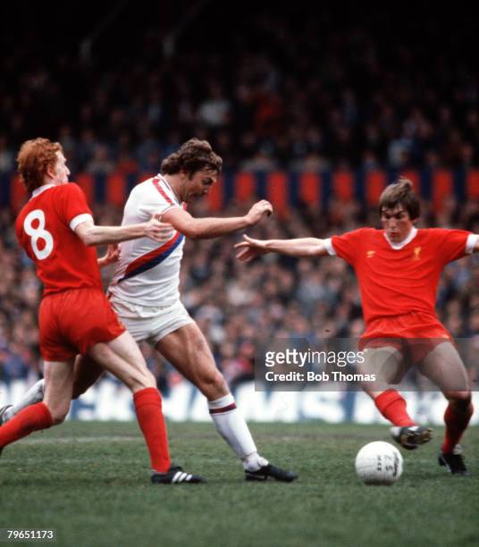 Sport, Football, League Division One, 26th April 1980, Crystal Palace 0 v Liverpool 0, Crystal Palace's Jim Cannon is challenged by Liverpool's David...