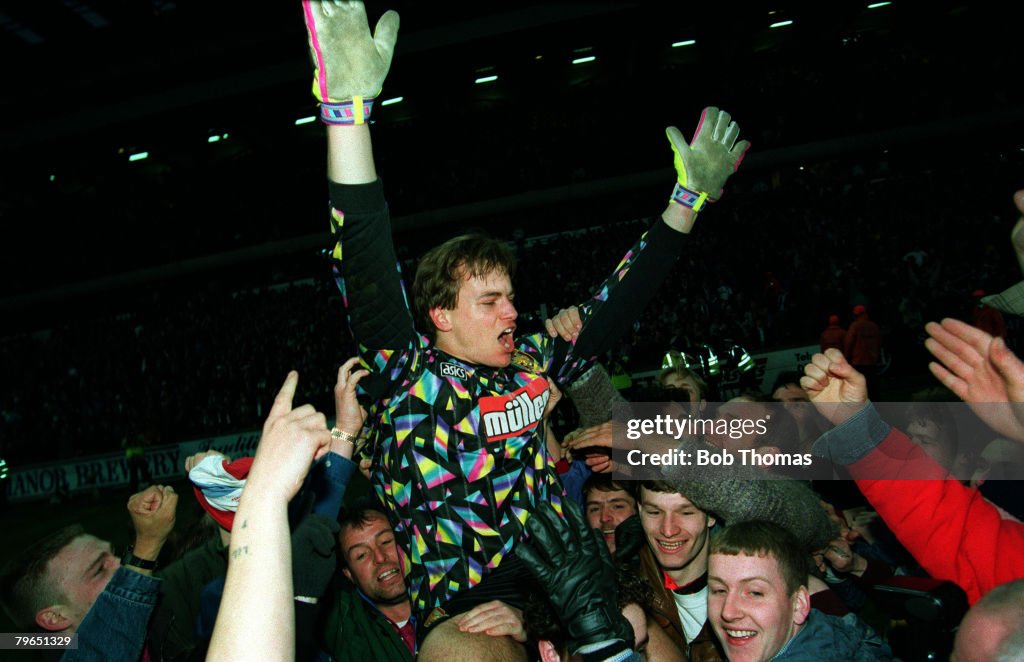 Sport, Football, pic: 27th February 1993, Coca Cola Cup Semi-Final, Second Leg, Aston Villa 3 v Tranmere Rovers 1 (4-4 on aggregate after extra time, Villa win 5-4 on penalties), Aston Villa goalkeeper Mark Bosnich celebrates after as he is chaired by sup