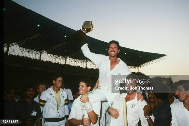 8th November 1987, Cricket World Cup Final in Calcutta, Australia beat England by 7 runs, Allan Border, the Australia captain is chaired by Dean...