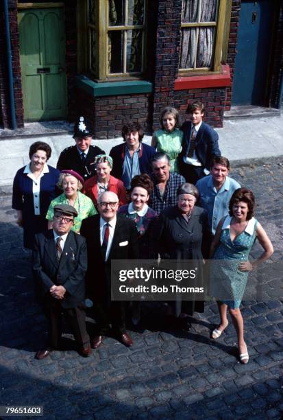 England, Circa 1970's, Pictured outside the "Rovers Return" from the television series "Coronation Street", Front L-R: Albert Tatlock , Jack Walker ,...