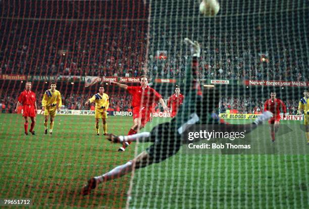 17th November 1993, World Cup Qualifier, Cardiff, Wales 1 v Romania 2, Wales defender Paul Bodin fails to convert his vital penalty kick, costing...