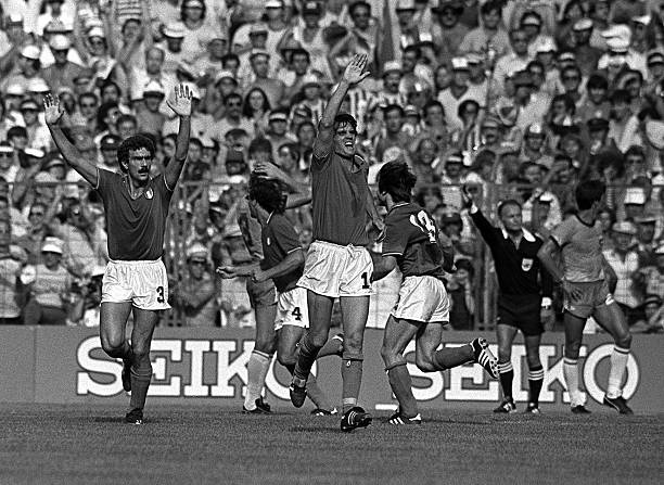 Finals, Second Phase, Group C, Barcelona, Spain, 5th July 1982, Italy 3 v Brazil 2, Italy's Giuseppe Bergomi and Marco Tardelli celebrate one of...