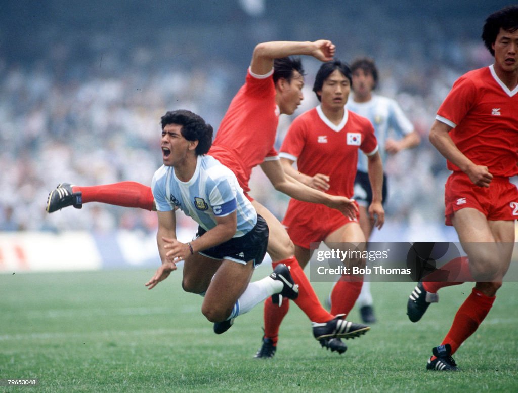 1986 World Cup Finals, Mexico City, Mexico, 2nd June, 1986, Argentina 3 v South Korea 1, Argentina's Diego Maradona grimaces in pain after being fouled by Jung Moo Huh