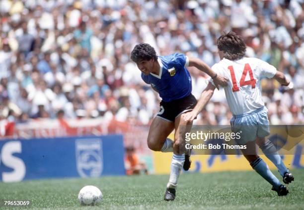 World Cup Quarter Final, Azteca Stadium, Mexico, 22nd June Argentina 2 v England 1, Argentina's Diego Maradona beats England defender Terry Fenwick...