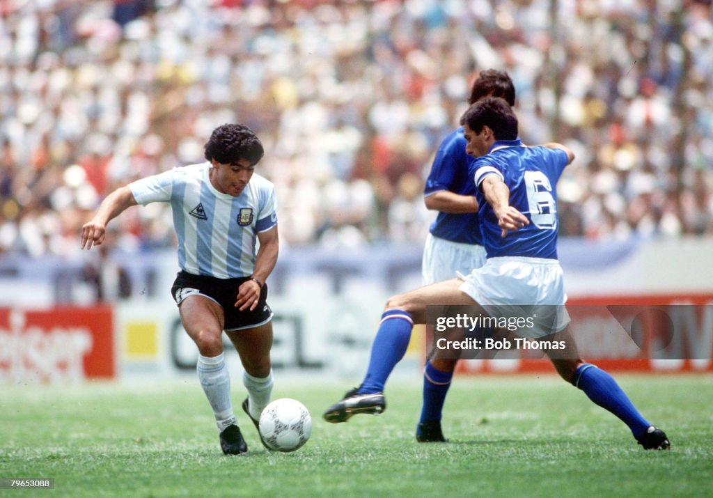 1986 World Cup Finals, Puebla, Mexico, 5th June, 1986, Italy 1 v Argentina 1, Argentina's Diego Maradona takes on Italy's Gaetano Scirea