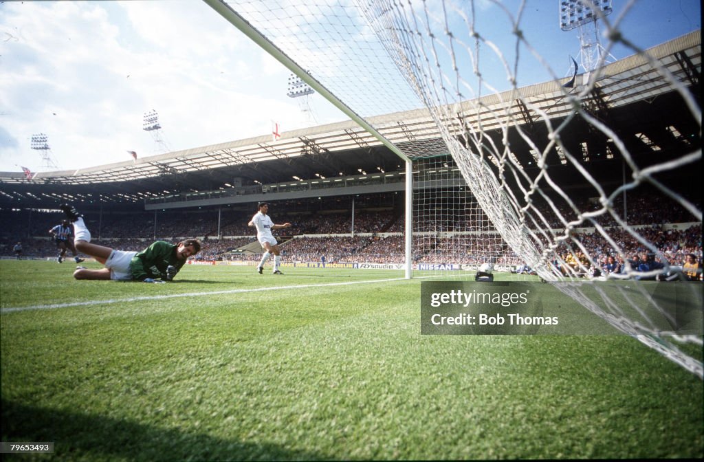 Football, 16th May 1987, FA Cup Final, Wembley, Coventry City 3 v Tottenham Hotspur 2 aet, Tottenham Hotspur goalkeeper Ray Clemence is left stranded by a deflection off defender Gary Mabbutt, for Coventry's winning goal