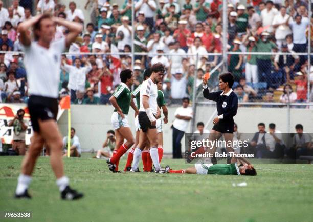 World Cup Quarter Final, Monterrey, Mexico, 21st June West Germany 0 v Mexico 0, , West Germany Thomas Berthold is shown the red card by the referee