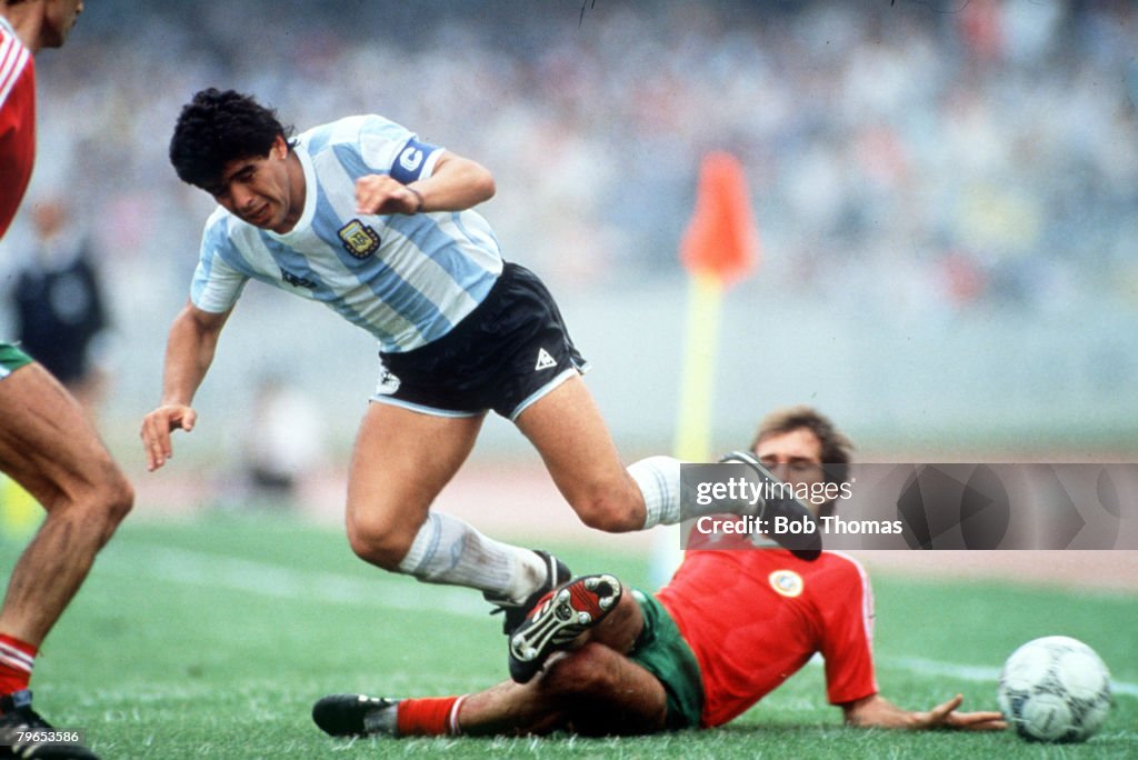 1986 World Cup Finals, Mexico City, Mexico, 10th June, 1986, Argentina 2 v Bulgaria 0, Argentina's Diego Maradona is brought down by Bulgaria's Anjo Sadkov