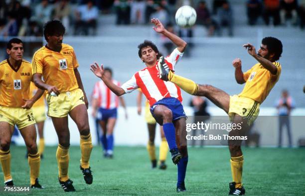 World Cup Finals, Toluca, Mexico, 4th June Paraguay 1 v Iraq 0, Paraguay's Roberto Cabanas battles for the ball with Iraq's Allawe