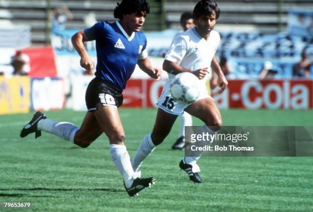 World Cup Finals, Second Phase, Puebla, Mexico, 16th June Argentina 1 v Uruguay 0, Argentina's Diego Maradona races for the ball