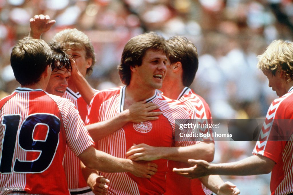 1986 World Cup Finals, Queretaro, Mexico, 13th June, 1986, Denmark 2 v West Germany 0, Denmark's Jan Molby celebrates with teammates after the match