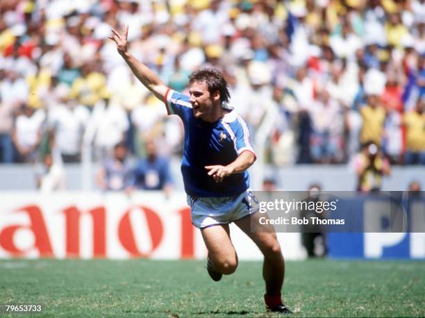 World Cup Quarter Final, Guadalajara, Mexico, 21st June France 1 v Brazil 1, , France's Luis Fernandez celebrates after scoring the winning penalty...