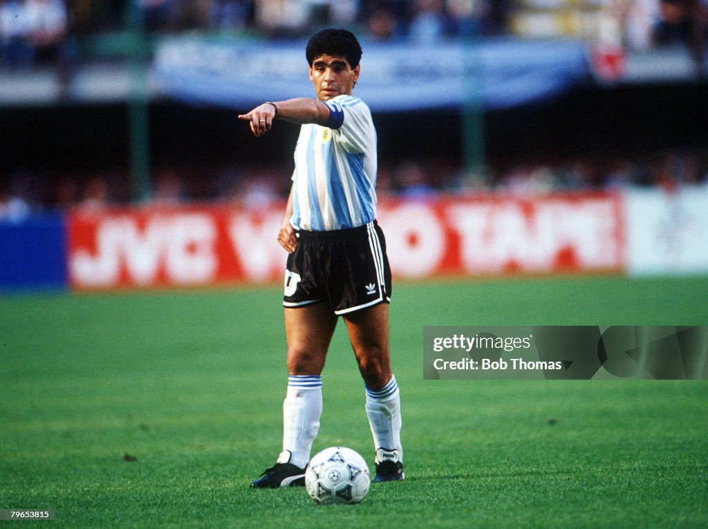 1990 World Cup Finals, Milan, Italy, 8th June, 1990, Argentina 0 v Cameroon 1, Argentina's Diego Maradona on the ball