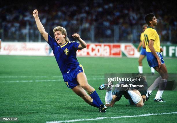World Cup Finals, Turin, Italy, 10th June Brazil 2 v Sweden1, Sweden's Thomas Brolin celebrates after scoring his goal