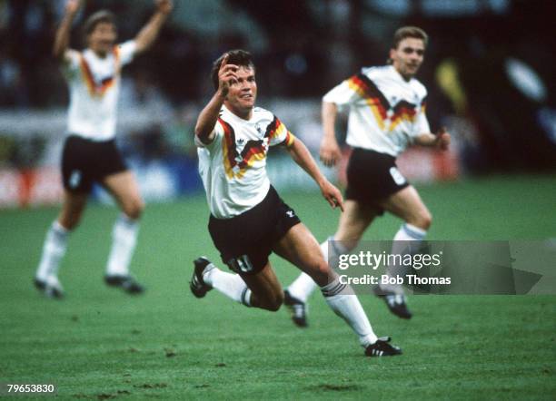 World Cup Finals, Milan, Italy, 10th June West Germany 4 v Yugoslavia 1, West Germany's Lothar Matthaeus celebrates after scoring the first goal