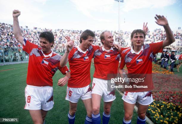 World Cup Finals, Florence, Italy, 10th June Czechoslovakia 5 v USA 1, Czechoslovakia's Josef Chovanec, Jan Kocian, Miroslav Kadlec and Lubos Kubik...