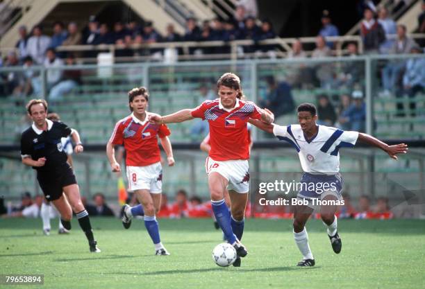 World Cup Finals, Florence, Italy, 10th June Czechoslovakia 5 v USA 1, Czechoslovakia's Thomas Skuhravy moves past USA's Desmond Armstrong