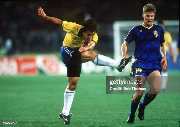 World Cup Finals, Turin, Italy, 10th June Brazil 2 v Sweden1, Brazil's Dunga shoots at goal
