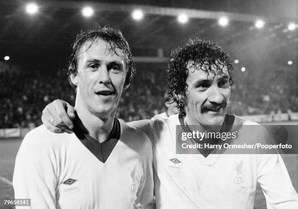 Phil Neal and Terry McDermott of Liverpool after the European Cup 2nd Round 1st Leg tie between Aberdeen and Liverpool at Pittodrie Stadium on...