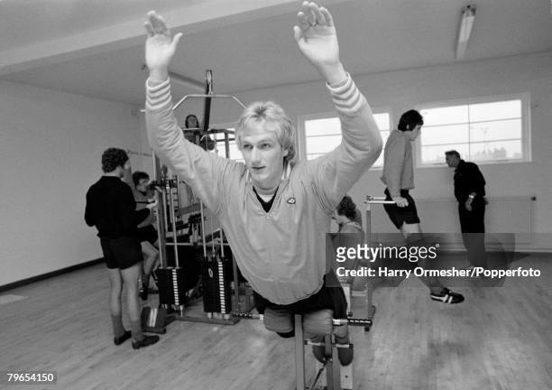 Liverpool FC footballer Phil Thompson working in the gym on the first day of pre-season training at Melwood on July 10, 1975 in Liverpool, England.