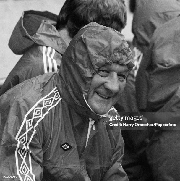 Liverpool manager Bob Paisley wrapped up against the weather during the pre-season friendly match between Dundalk and Liverpool at Lansdowne Road on...