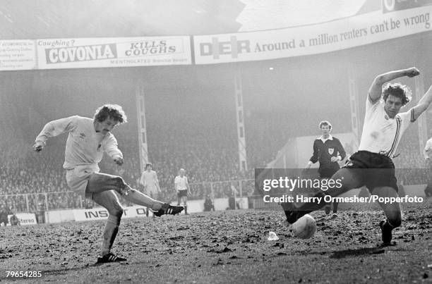 Martin Buchan of Manchester United attempts to block the shot from Terry McDermott of Liverpool during an FA Cup Semi Final tie at Maine Road on...