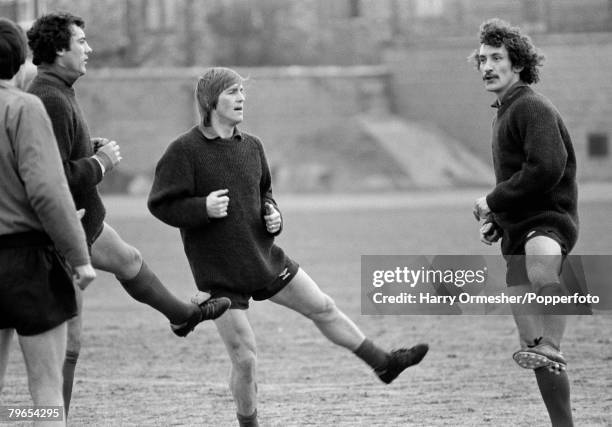 Liverpool footballers Ray Kennedy , Kenny Dalglish and Terry McDermott during a training session at Melwood Training Ground in Liverpool, England,...