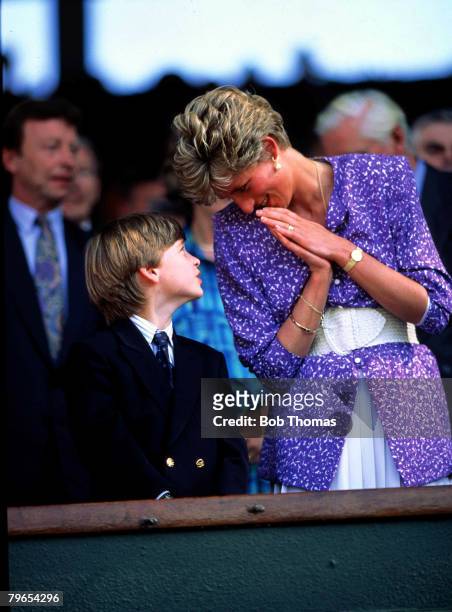 Wimbledon Lawn Tennis Championships, H,R,H, Princess Diana of Wales, looks lovingly at her son Prince William