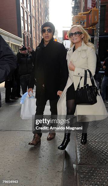 Singer Emma Bunton of the Spice Girls waks with her partner Jade Jones in Soho on February 8, 2008 in New York City.