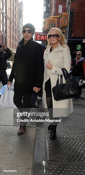 Singer Emma Bunton of the Spice Girls waks with her partner Jade Jones in Soho on February 8, 2008 in New York City.