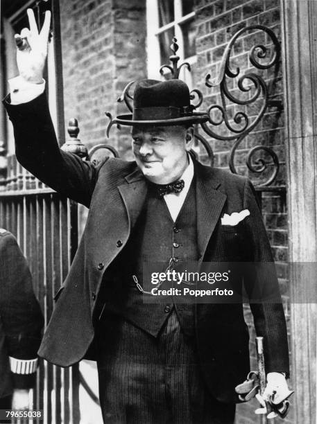 Politics London, England, 30th December British Prime Minister Winston Churchill gives the famous V sign as he leaves Number 10 Downing Street during...