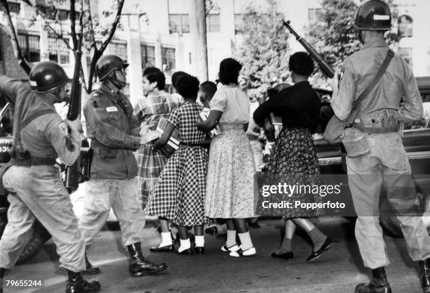 People, Education, Race, USA, Little Rock, Arkansas, pic: October 1957, Under the watchful eye of paratroopers of the 101st Airborne Division black...