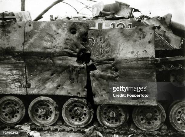 War and Conflict, World War Two, pic: 3rd March 1945, A German tank with reinforced armour destroyed by the US,4th Armoured Division operating inside...