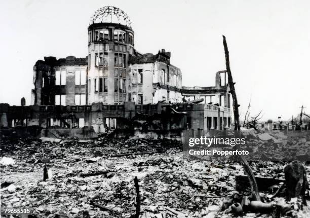 War and Conflict, World War Two, pic: 1945, The ruins of a cinema stand stark against the rubble after the Atom bomb attack on Hiroshima, which was...