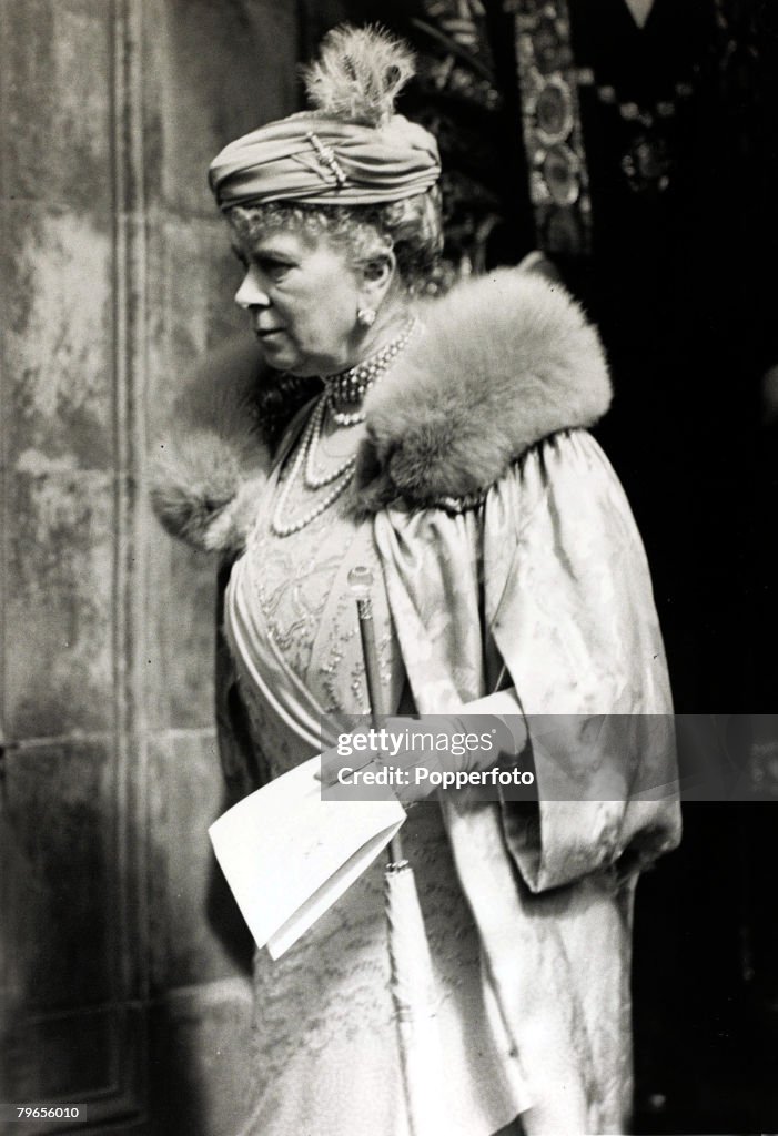 British Royalty, pic: 21st May 1937, HM,Queen Mary, pictured at the Royal Albert Hall after attending a coronation party for children, Queen Mary, (1867-1953) born Mary of Teck, was the Queen Consort of King George V