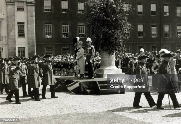 British Royallty, pic: 29th May 1937, HM,Queen Mary watches the march past of Chelsea pensioners during "Oakapple Day", to celebrate the Anniversary...