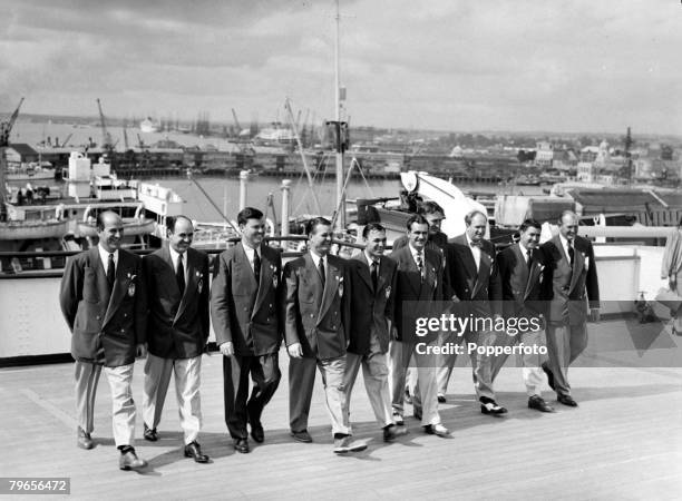 9th September 1949, The United States Ryder Cup Golf team arrive in Southampton on board "Queen Elizabeth" from left-right, Bob Hamilton, Sam Snead,...