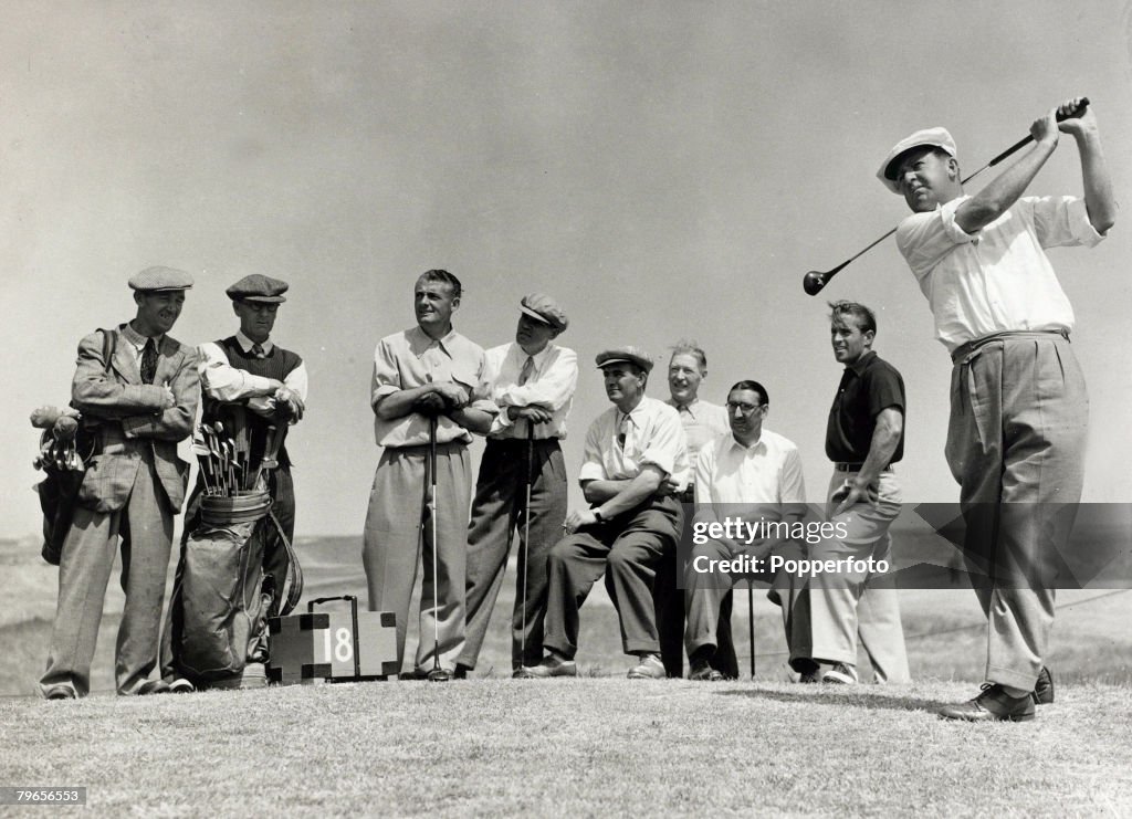Sport, Golf, pic: 2nd July 1949, South Africa's Bobby Locke drives off at the 18th tee at Royal St, George's Golf Club, Sandwich, Kent, as he prepares for the British Open Golf Championship