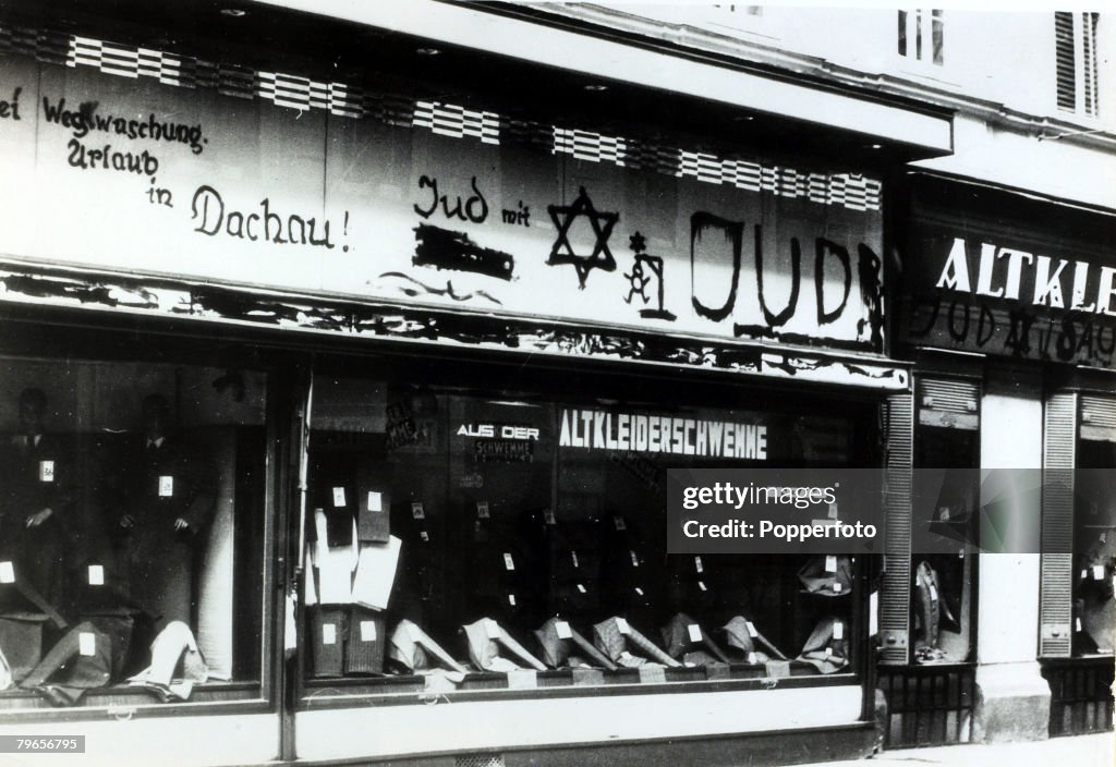 Austria, Jewish Persecution, pic: 1938, Anti-Jewish slogans on a shop in Vienna, the word Dachau clearly shown, a reference to the concentration camp