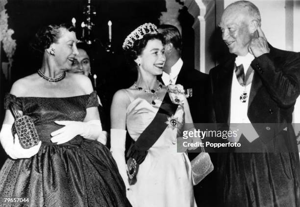 British Royalty, Royal Tour of the United States, pic: October 1957, Washington, USA, HM, Queen Elizabeth with Mamie and President Dwight Eisenhower...