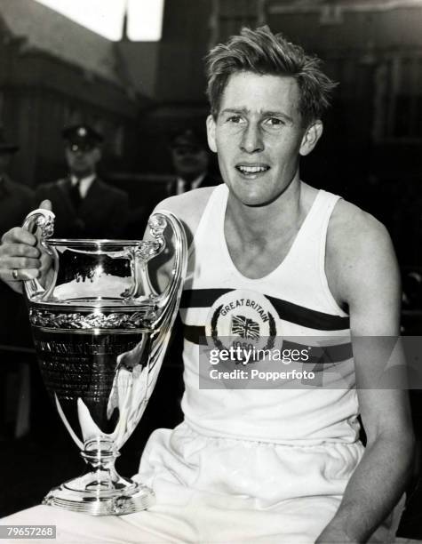 Sport, Athletics, pic: circa 1954, Philadelphia, U,S,A, Roger Bannister having won the Mile for the Franklin Cup in Philadelphia in a time in 4 mins...