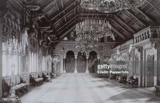Travel, Bavaria, Germany, Circa 1900's, Schloss Neuschwanstein interior, One of the very large ornate rooms in the castle