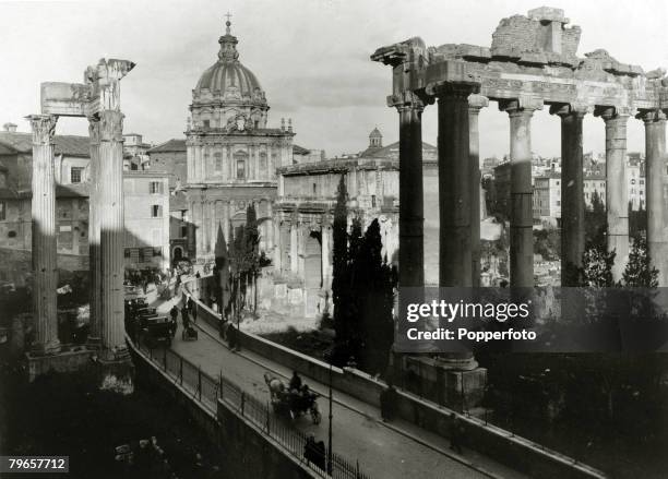 Travel, Cities, Italy, Rome , pic: circa 1920, The Roman Forum, showing on the left of the Sacra Via the Temple of Vespasian and on the right the...